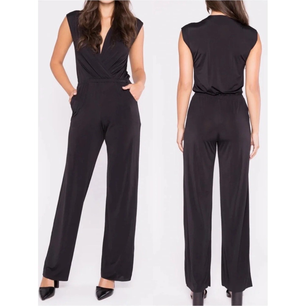 Ripley Rader Black Wide Leg Jumpsuit Size 2 Small V-Neck Raw Hem Minimalist